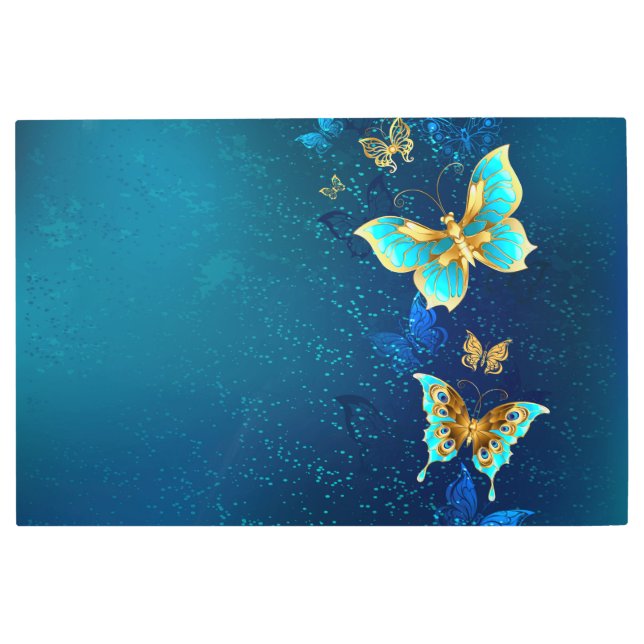 Golden Butterflies on a Blue Background Metal Print (Front)