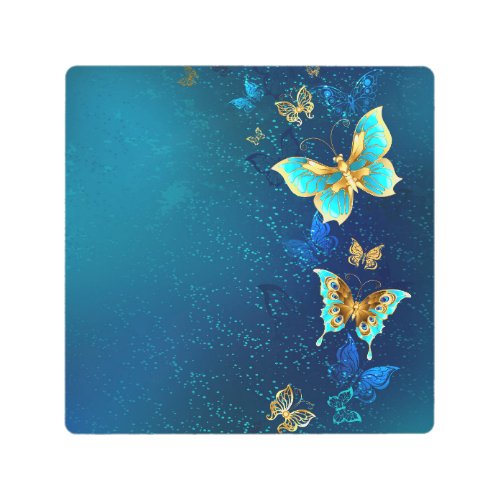 Golden Butterflies on a Blue Background Metal Print