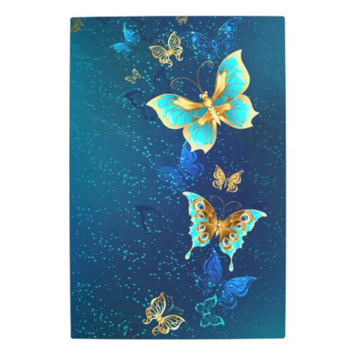 Golden Butterflies on a Blue Background Metal Print