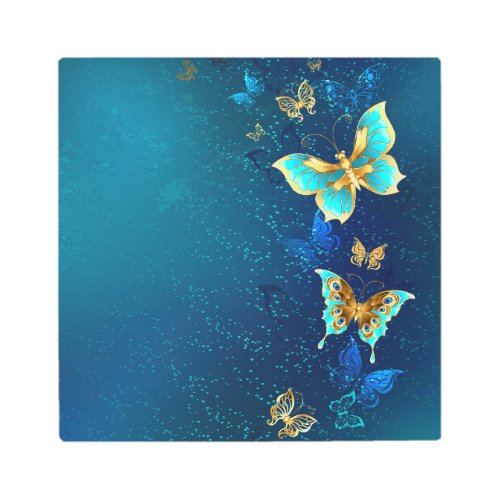 Golden Butterflies on a Blue Background Metal Print