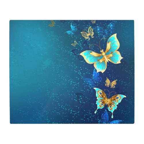 Golden Butterflies on a Blue Background Metal Print