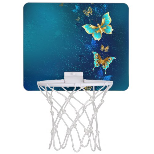 Golden Butterflies on a Blue Background Mini Basketball Hoop