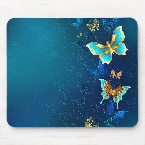 Golden Butterflies on a Blue Background Mouse Pad