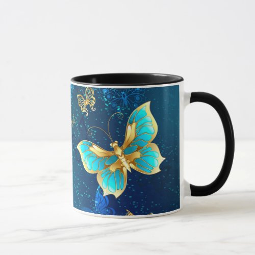 Golden Butterflies on a Blue Background Mug