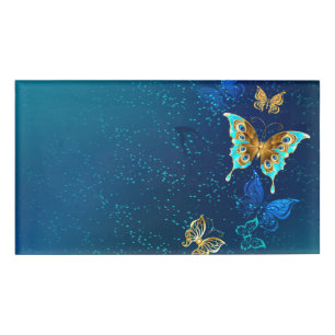 Golden Butterflies on a Blue Background Name Tag