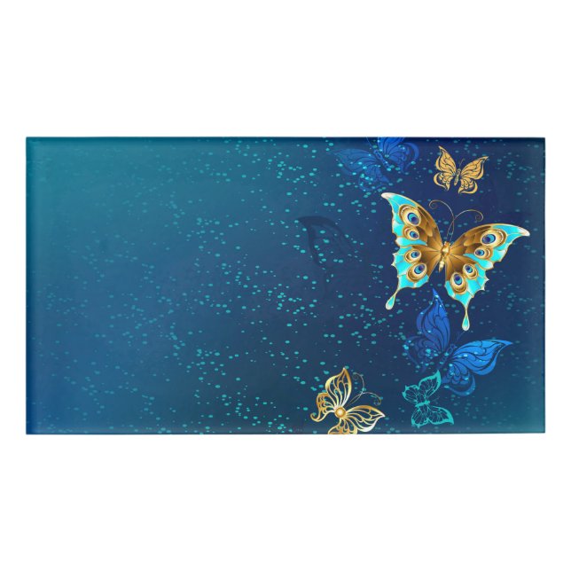 Golden Butterflies on a Blue Background Name Tag (Front)