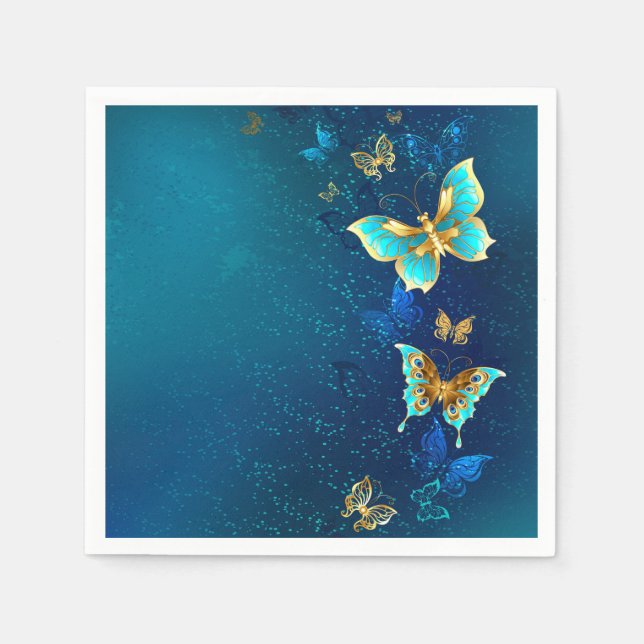 Golden Butterflies on a Blue Background Napkins (Front)