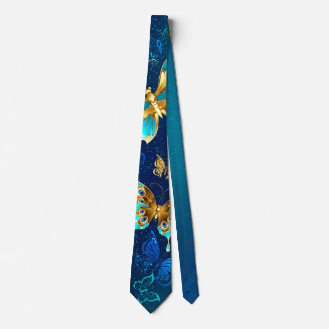 Golden Butterflies on a Blue Background Neck Tie (Front)