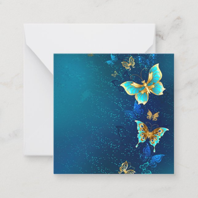 Golden Butterflies on a Blue Background Note Card (Front)