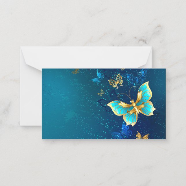 Golden Butterflies on a Blue Background Note Card (Front)