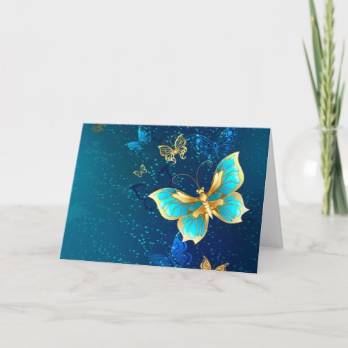 Golden Butterflies on a Blue Background Note Card