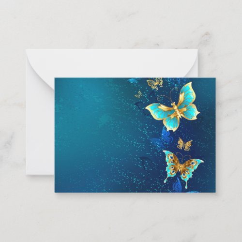 Golden Butterflies on a Blue Background Note Card