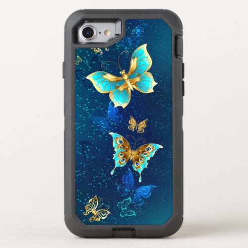 Golden Butterflies on a Blue Background OtterBox Defender iPhone SE87 Case