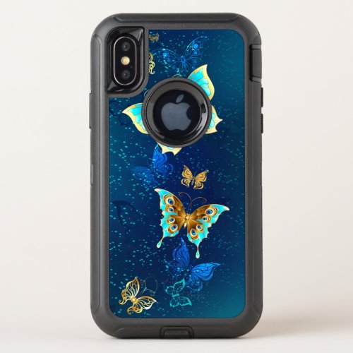 Golden Butterflies on a Blue Background OtterBox Defender iPhone XS Case