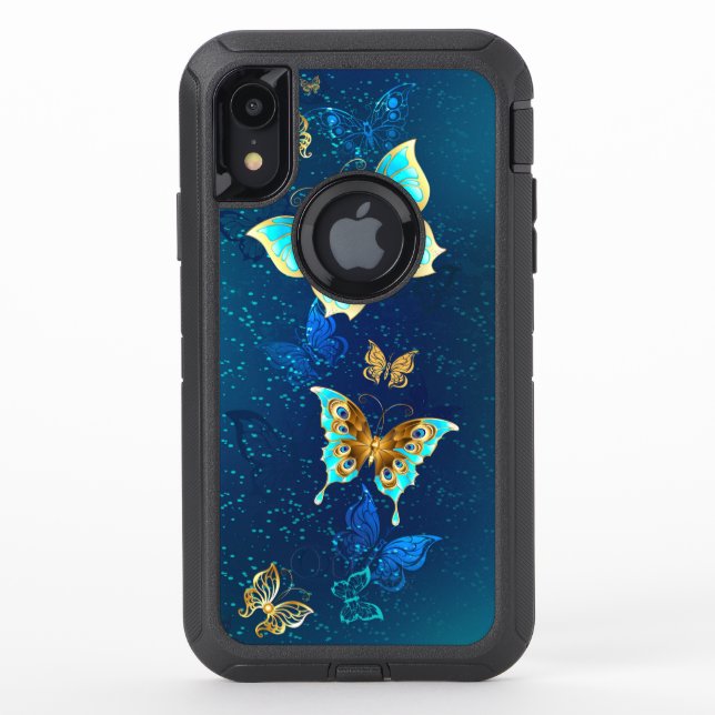 Golden Butterflies on a Blue Background Otterbox iPhone Case (Back)