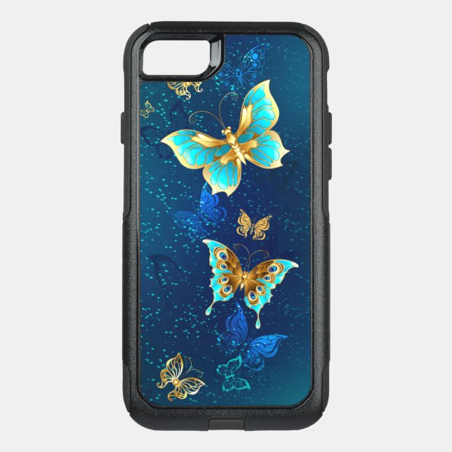 Golden Butterflies on a Blue Background Otterbox iPhone Case (Back)