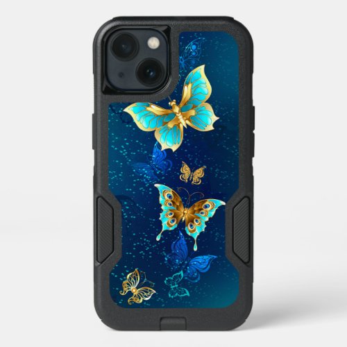 Golden Butterflies on a Blue Background iPhone 13 Case