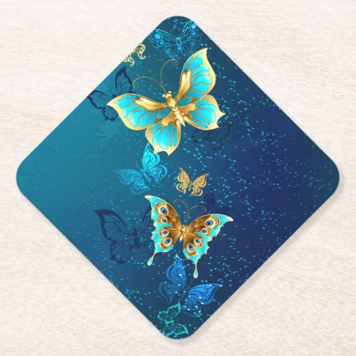 Golden Butterflies on a Blue Background Paper Coaster