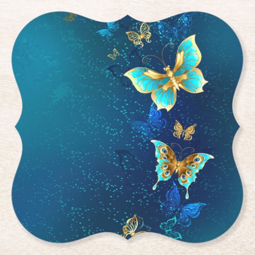 Golden Butterflies on a Blue Background Paper Coaster