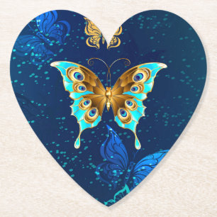 Golden Butterflies on a Blue Background Paper Coaster