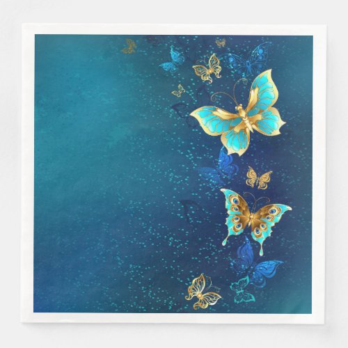 Golden Butterflies on a Blue Background Paper Dinner Napkins