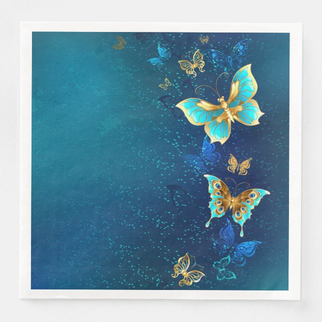 Golden Butterflies on a Blue Background Paper Dinner Napkins (Front)