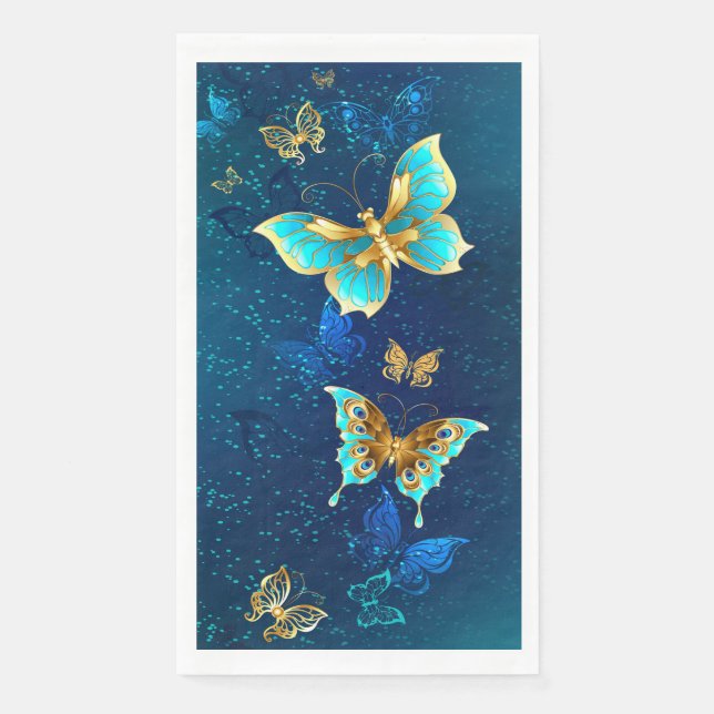 Golden Butterflies on a Blue Background Paper Guest Towels (Front)