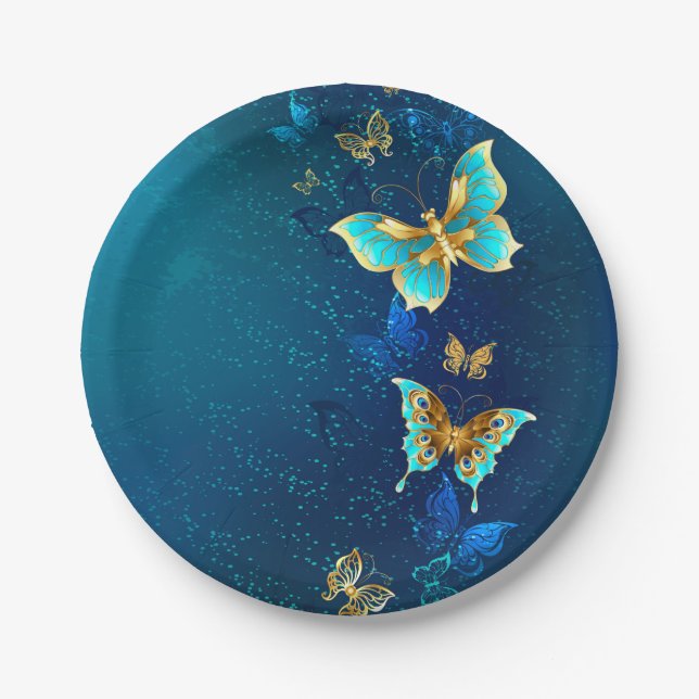 Golden Butterflies on a Blue Background Paper Plates (Front)