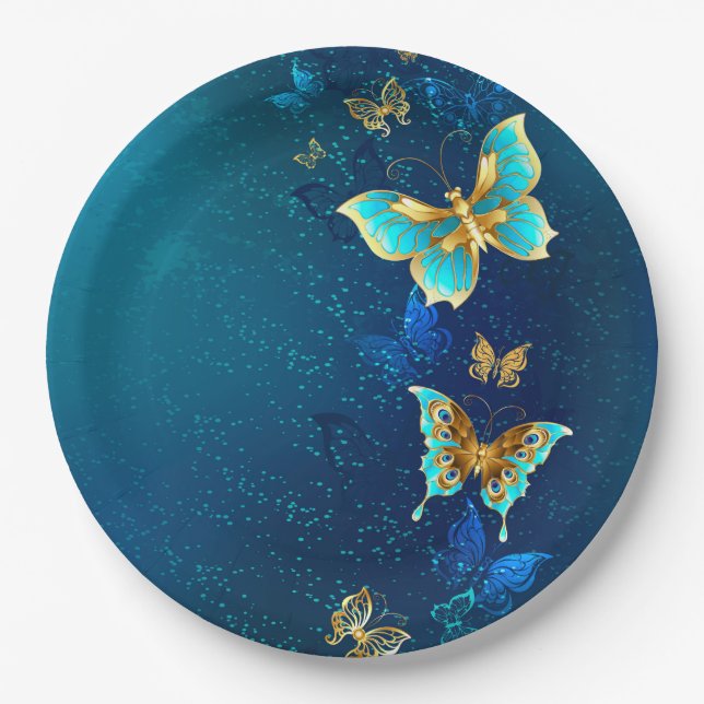 Golden Butterflies on a Blue Background Paper Plates (Front)