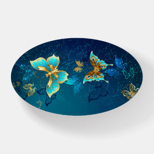 Golden Butterflies on a Blue Background Paperweight