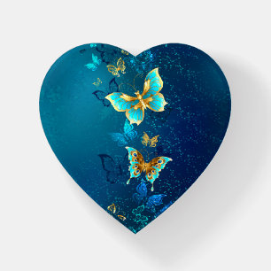 Golden Butterflies on a Blue Background Paperweight