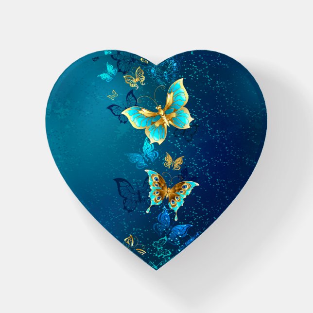 Golden Butterflies on a Blue Background Paperweight (Front)