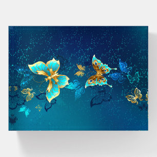 Golden Butterflies on a Blue Background Paperweight