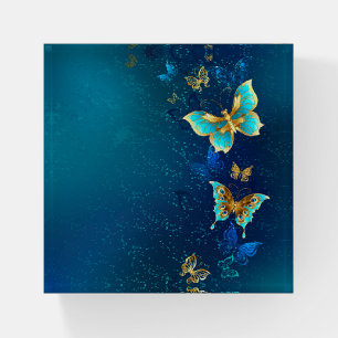 Golden Butterflies on a Blue Background Paperweight