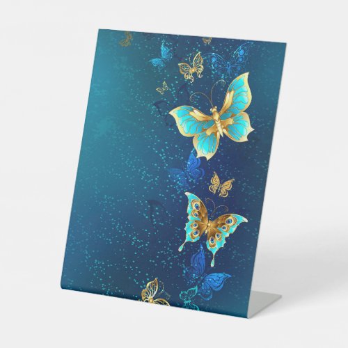 Golden Butterflies on a Blue Background Pedestal Sign