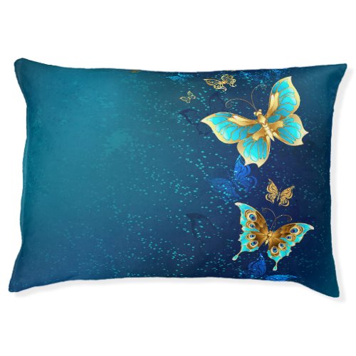 Golden Butterflies on a Blue Background Pet Bed