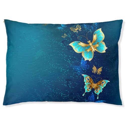 Golden Butterflies on a Blue Background Pet Bed