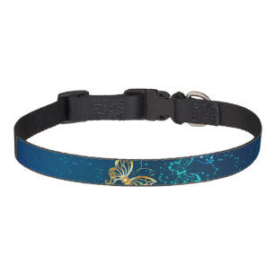 Golden Butterflies on a Blue Background Pet Collar