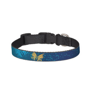 Golden Butterflies on a Blue Background Pet Collar