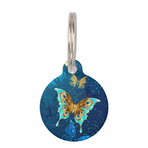 Golden Butterflies on a Blue Background Pet ID Tag
