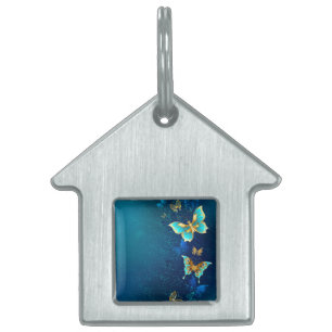 Golden Butterflies on a Blue Background Pet ID Tag