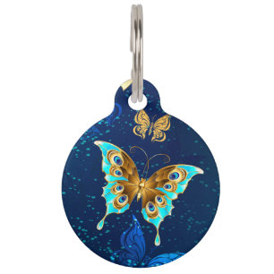 Golden Butterflies on a Blue Background Pet ID Tag