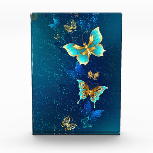 Golden Butterflies on a Blue Background Photo Block