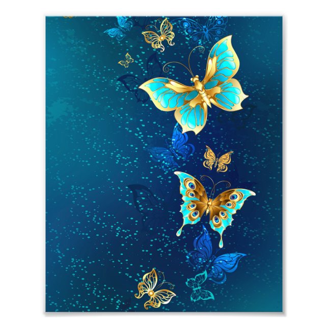 Golden Butterflies on a Blue Background Photo Print (Front)