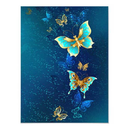 Golden Butterflies on a Blue Background Photo Print