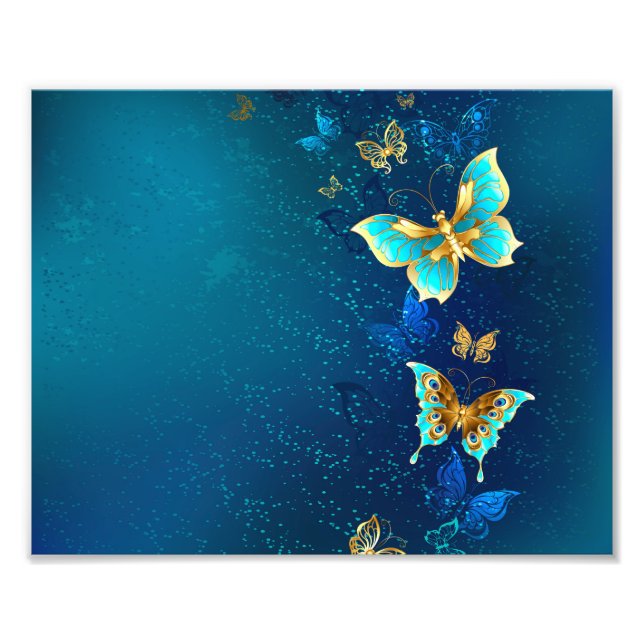 Golden Butterflies on a Blue Background Photo Print (Front)