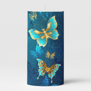 Golden Butterflies on a Blue Background Pillar Candle