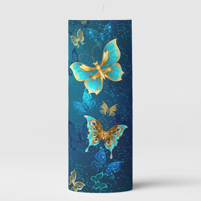 Golden Butterflies on a Blue Background Pillar Candle (Front)