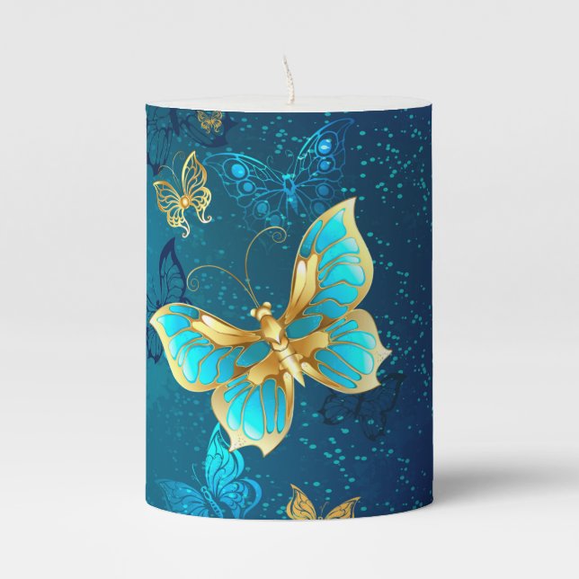 Golden Butterflies on a Blue Background Pillar Candle (Front)