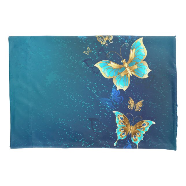 Golden Butterflies on a Blue Background Pillow Case (Front)
